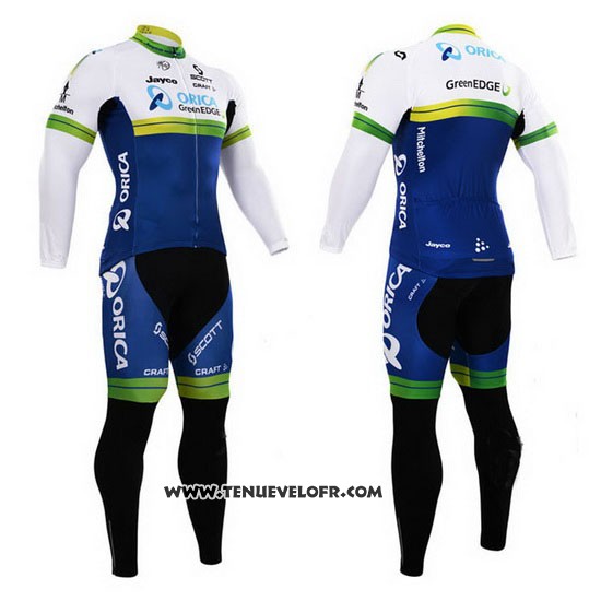 2015 Maillot Ciclismo Orica GreenEDGE Blanc et Bleu Manches Longues et Cuissard